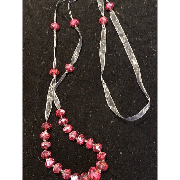 Red  Faceted Crystal Black Ribbon Hand Knotted 34”  Stunning Necklace - Picture 4 of 5